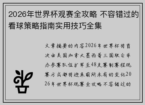 2026年世界杯观赛全攻略 不容错过的看球策略指南实用技巧全集